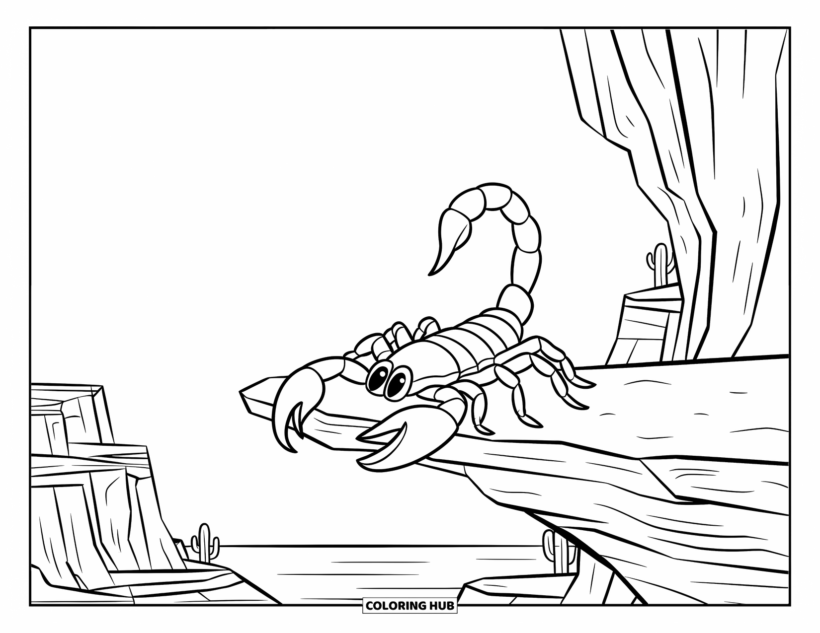 Scorpion Coloring Page for Kids: Scorpion resting on a curved rock with sandstone cliffs and cacti nearby