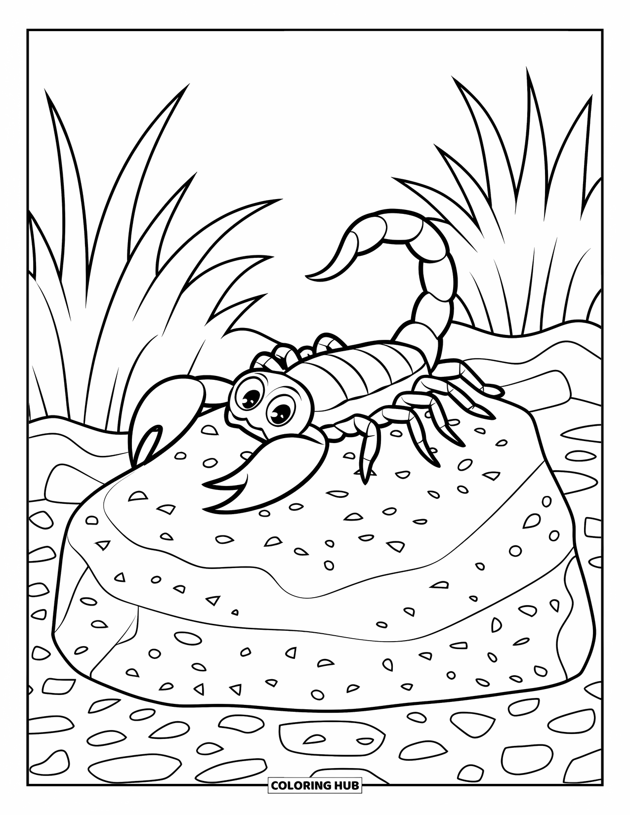 Scorpion Coloring Page for Kids: Scorpion resting on a rock surrounded by pebbles and dry grass