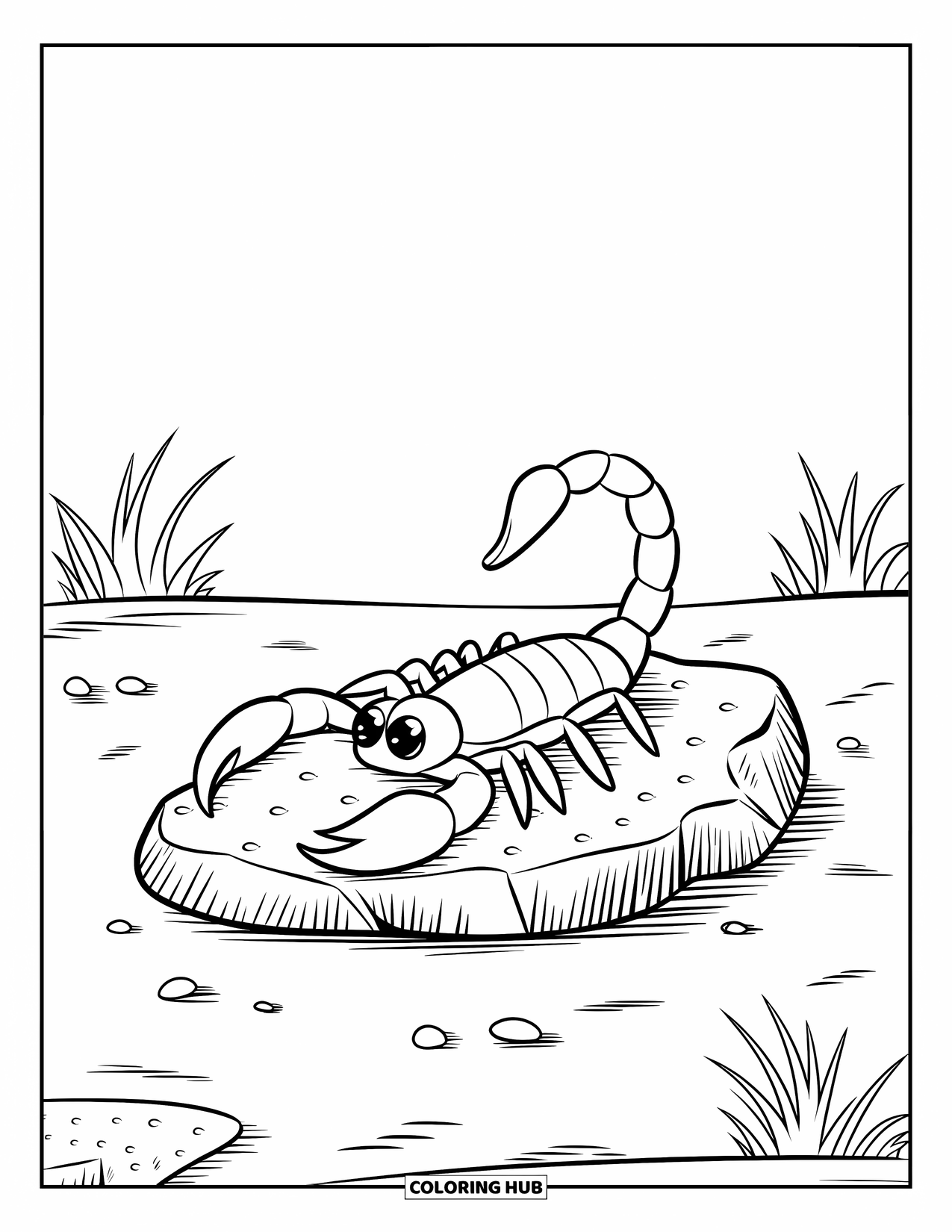 Scorpion Coloring Page for Kids: Scorpion resting on textured stone with desert plants around