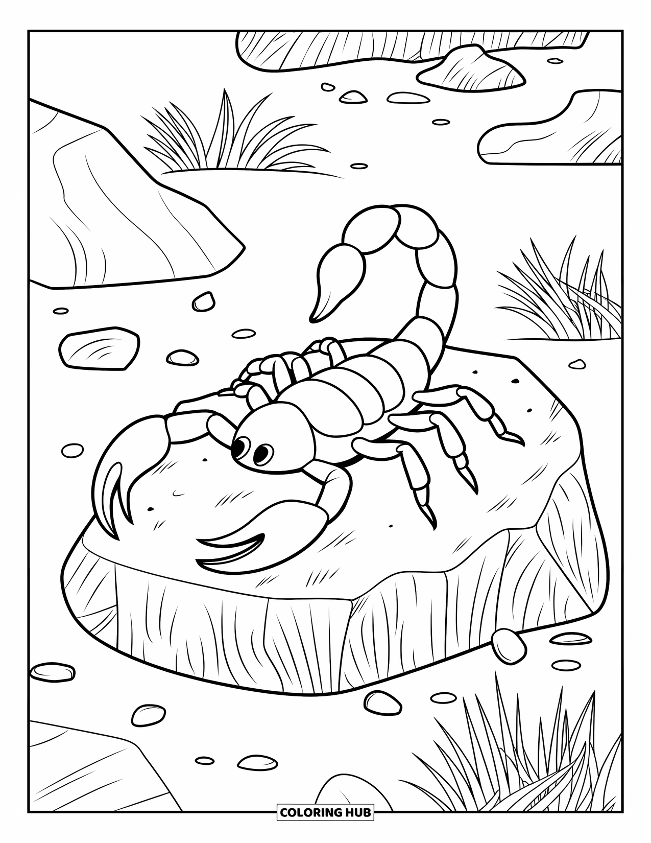 Scorpion Coloring Page for Kids: Scorpion sitting on a rough rock with desert grass nearby