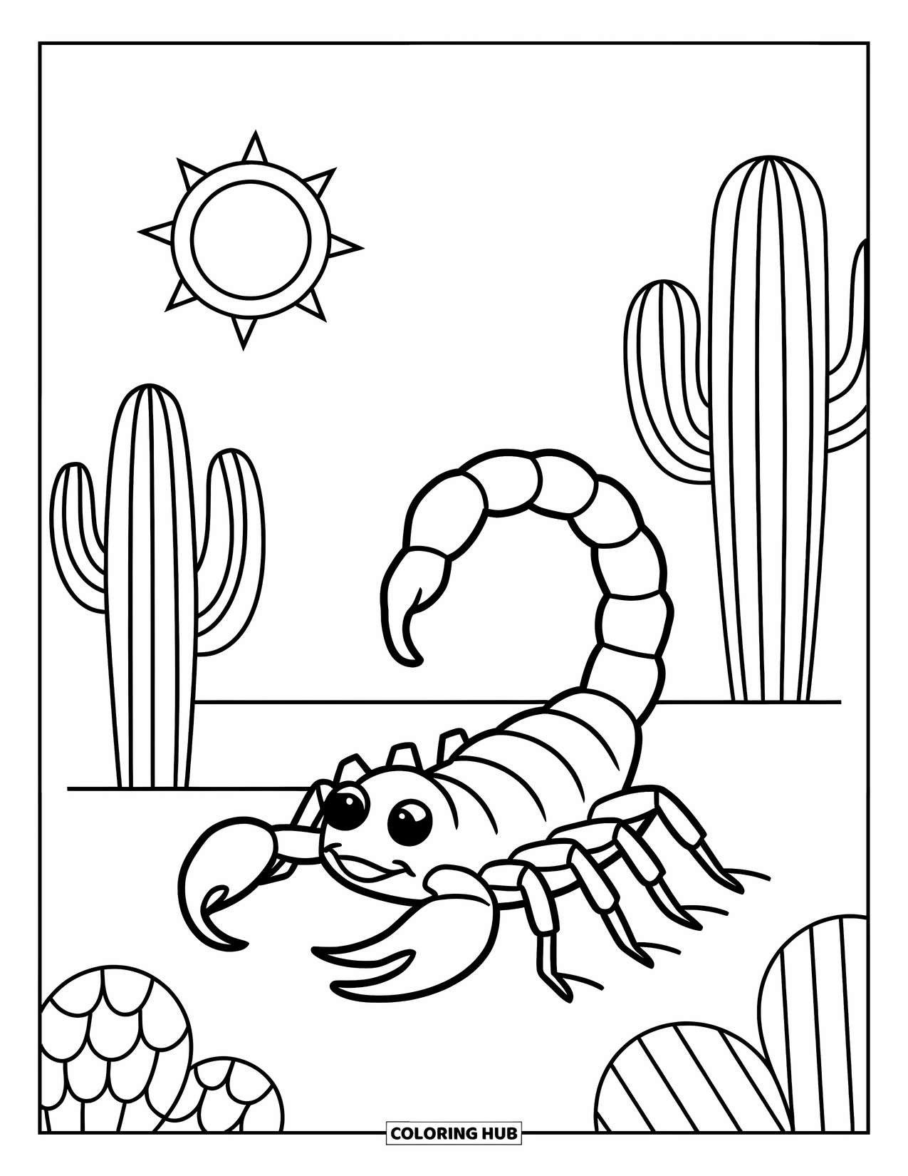 Scorpion Coloring Page for Kids: Scorpion traveling between two cacti with a tiny sun above