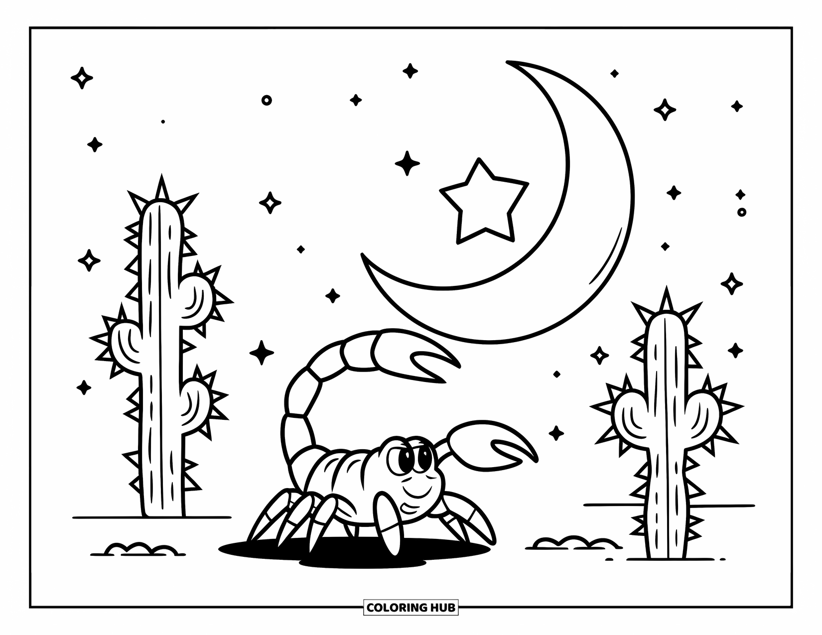 Scorpion Coloring Page for Kids: Scorpion under a starry sky beside tall, spiky desert plants