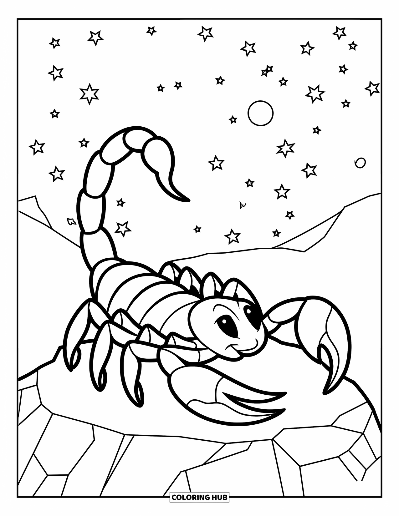 Scorpion Coloring Page for Kids: Scorpion under a starry sky, perched on a rocky ledge