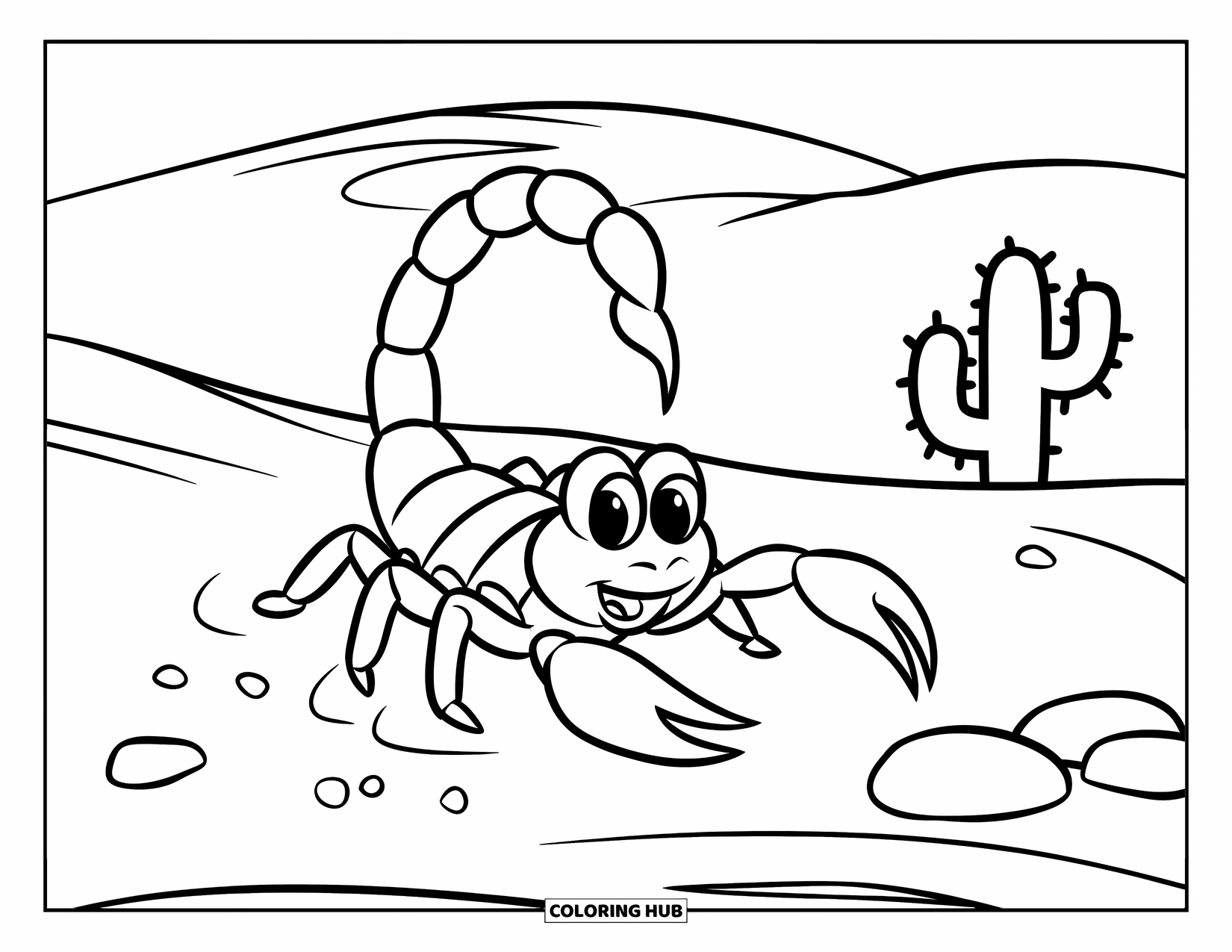Scorpion Coloring Page for Kids: Scorpion walking on sand dunes beside a cactus and pebbles
