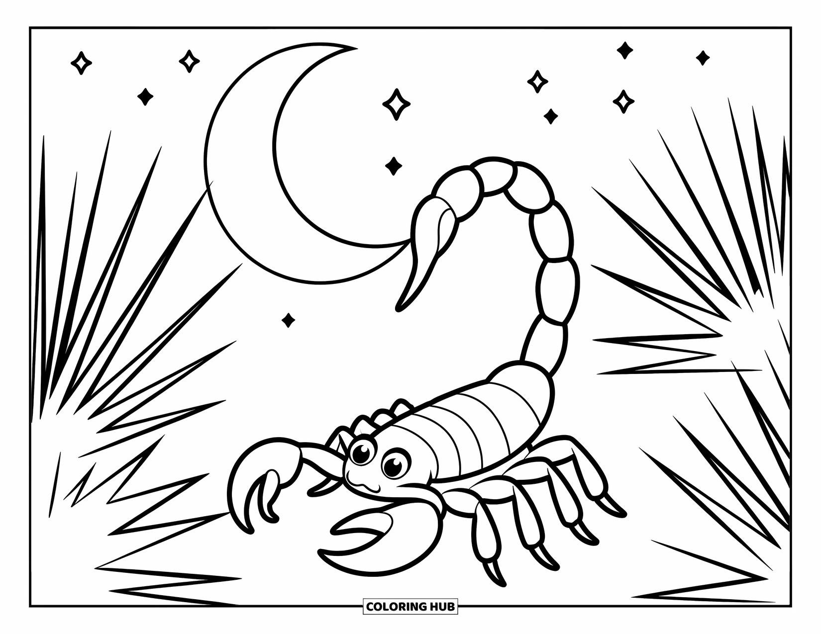 Scorpion Coloring Page for Kids: Scorpion walking past spiky plants beneath a crescent moon and stars