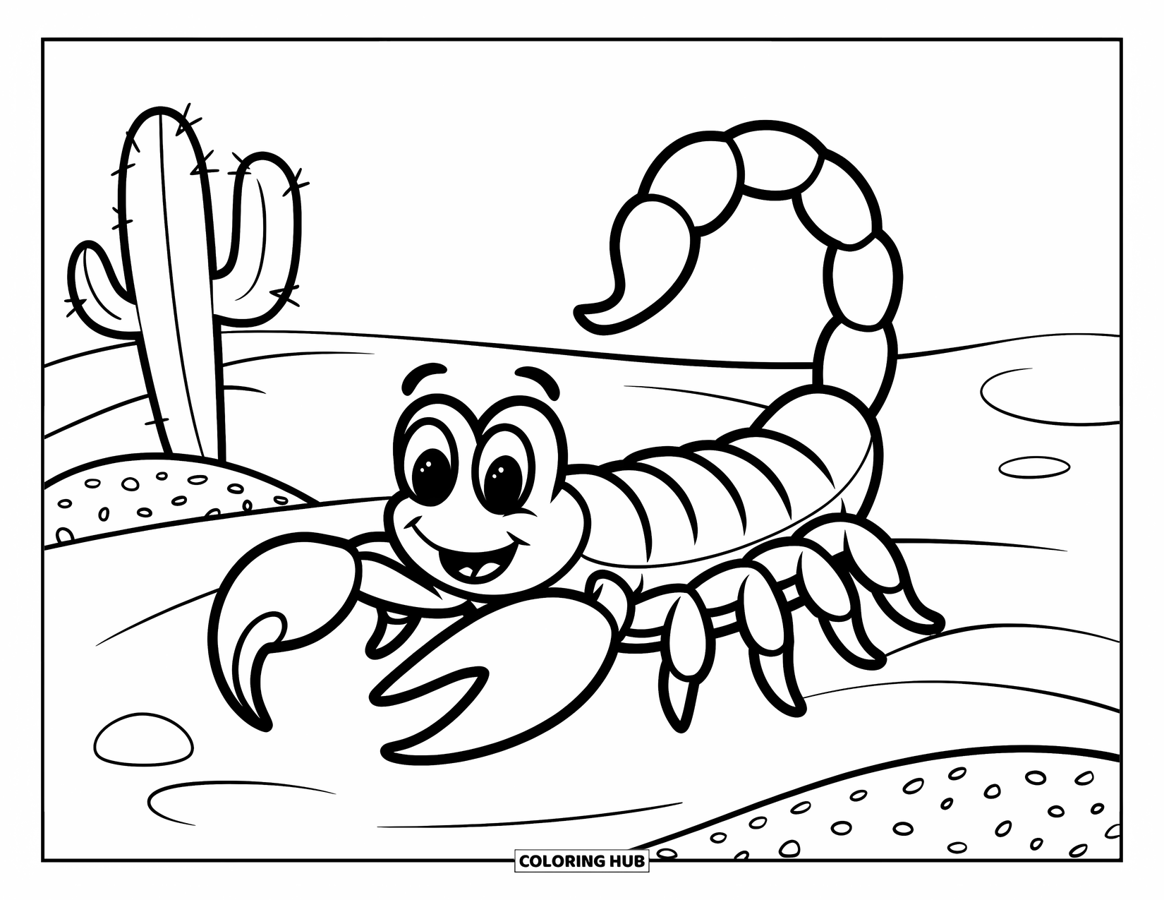Scorpion Coloring Page for Kids: Scorpion walking playfully on dunes with pebbles and one cactus