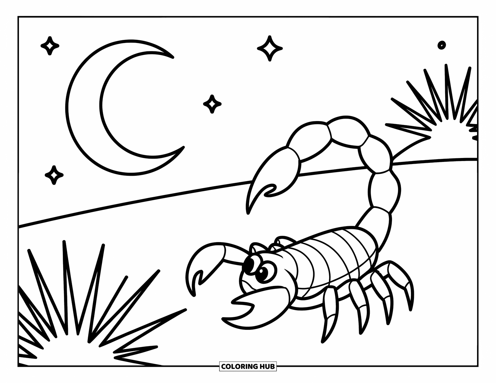 Scorpion Coloring Page for Kids: Scorpion walking under a crescent moon with desert plants and stars