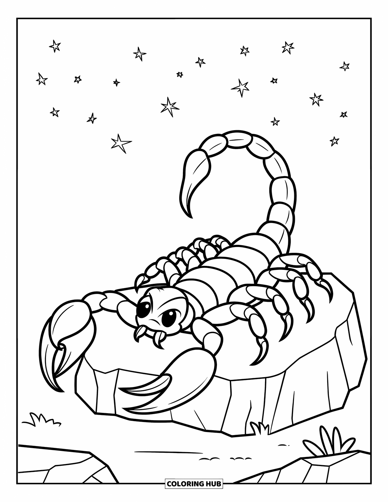 Scorpion Coloring Page for Kids: Scorpion with a long tail beneath stars and a quiet desert
