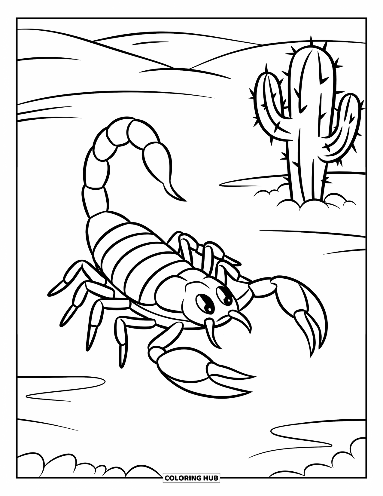 Scorpion Coloring Page for Kids: Scorpion with raised tail crawling toward a lone cactus