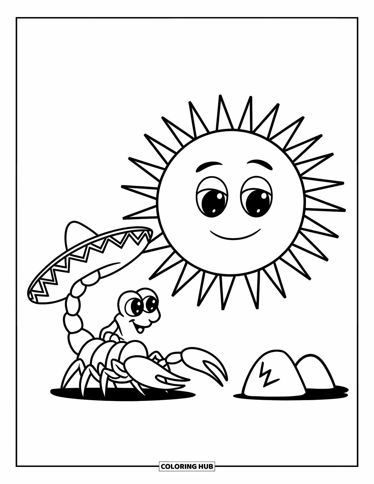 Scorpion Coloring Page for Kids: Smiling scorpion in a sombrero near hills and a happy sun