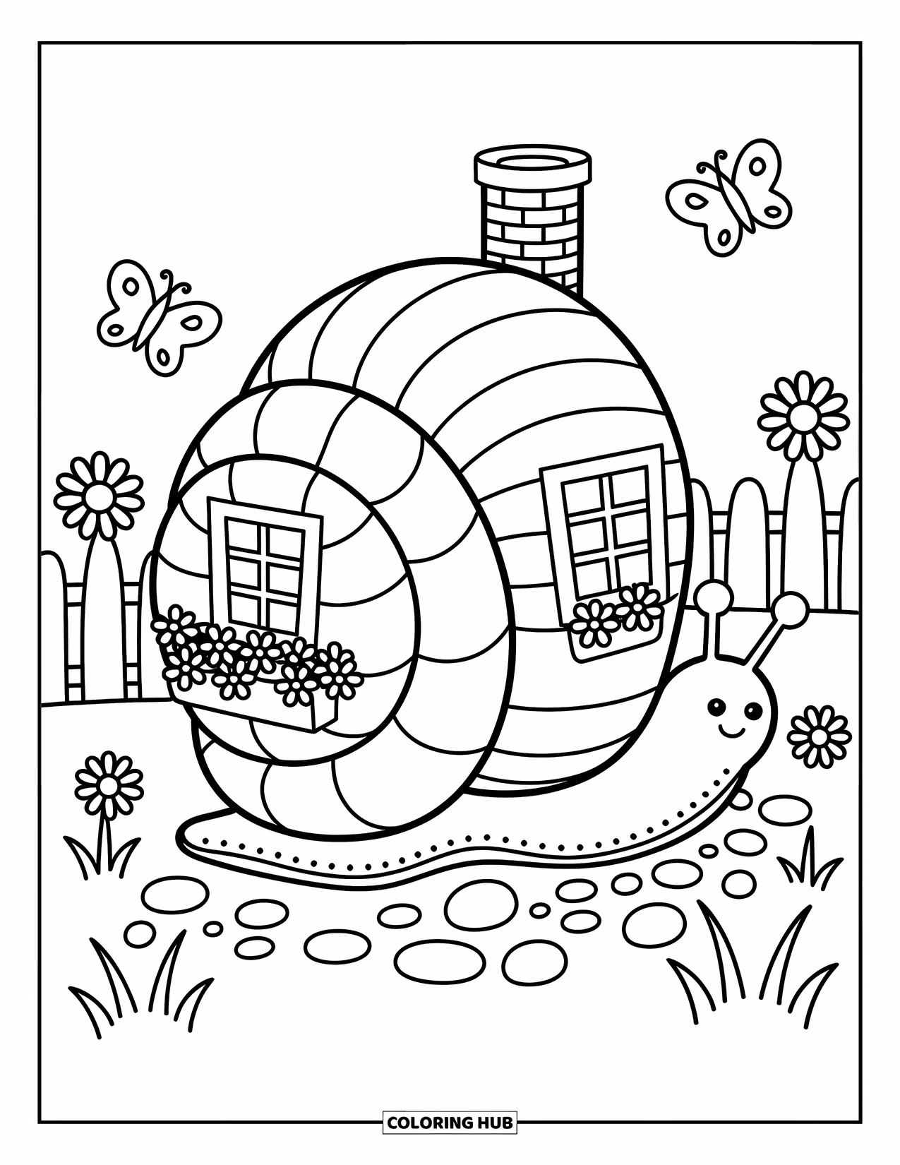 Snail Coloring Page for Adults: Cottage-shelled snail crosses a pebble path with daisies and fluttering butterflies