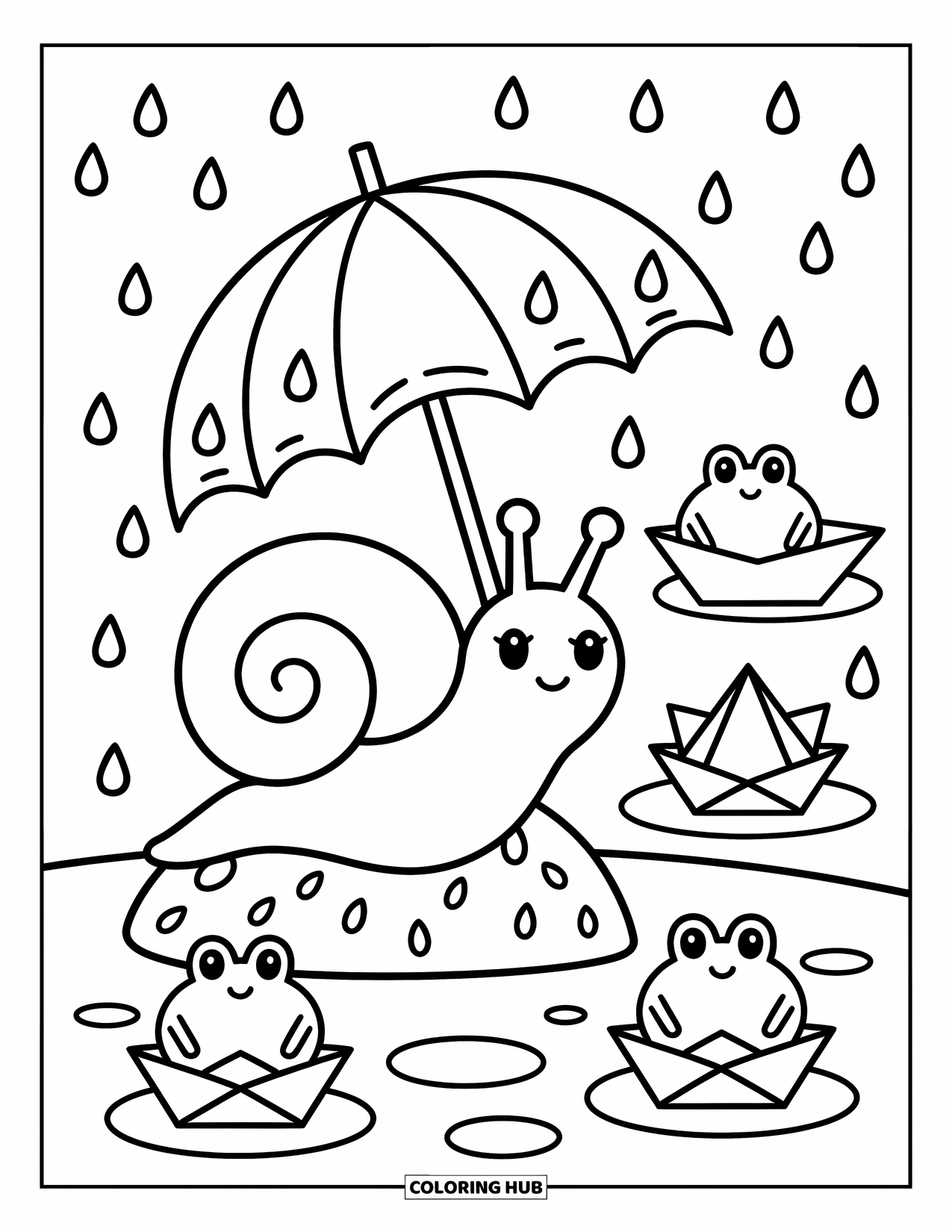 Snail Coloring Page for Adults: Happy snail shelters under a leaf while frogs splash and sail paper boats