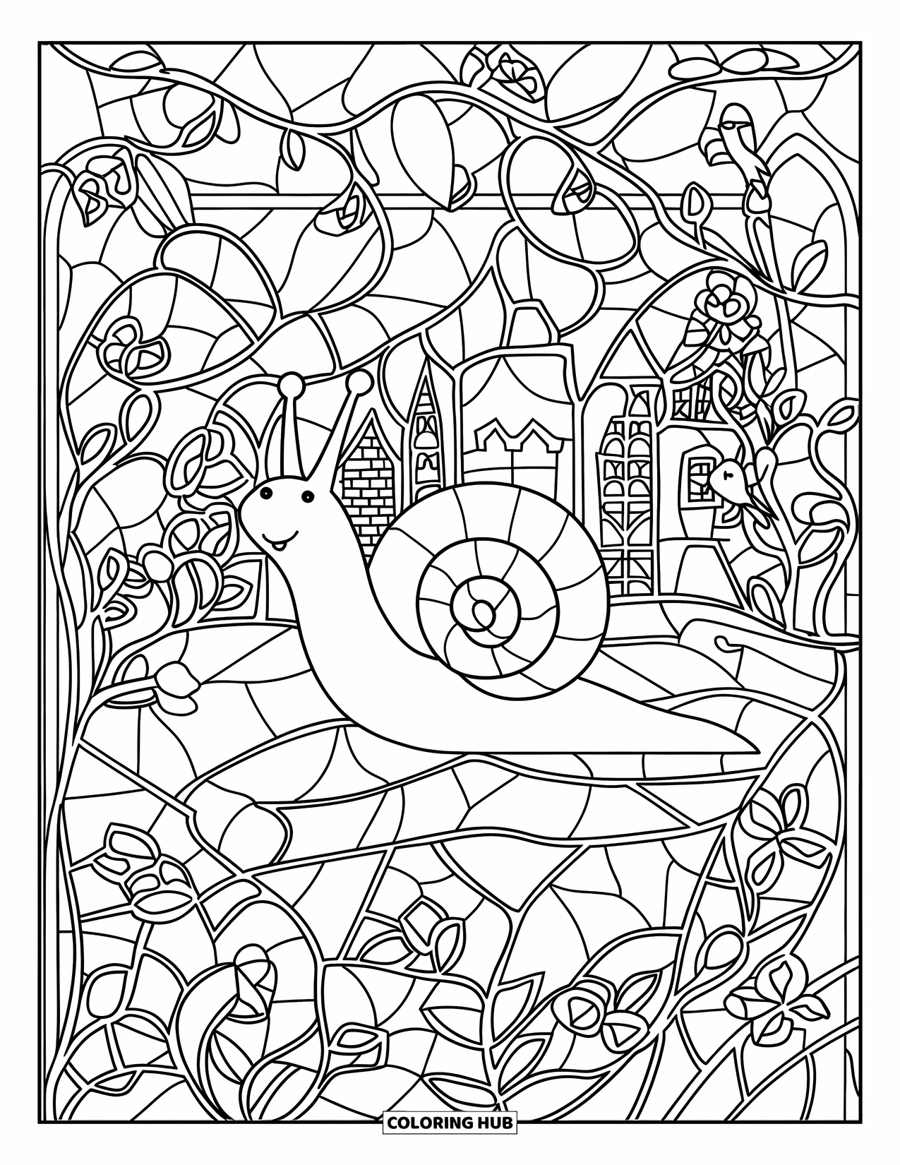 Snail Coloring Page for Adults: Snail among birds and flowers in a stained glass-style garden