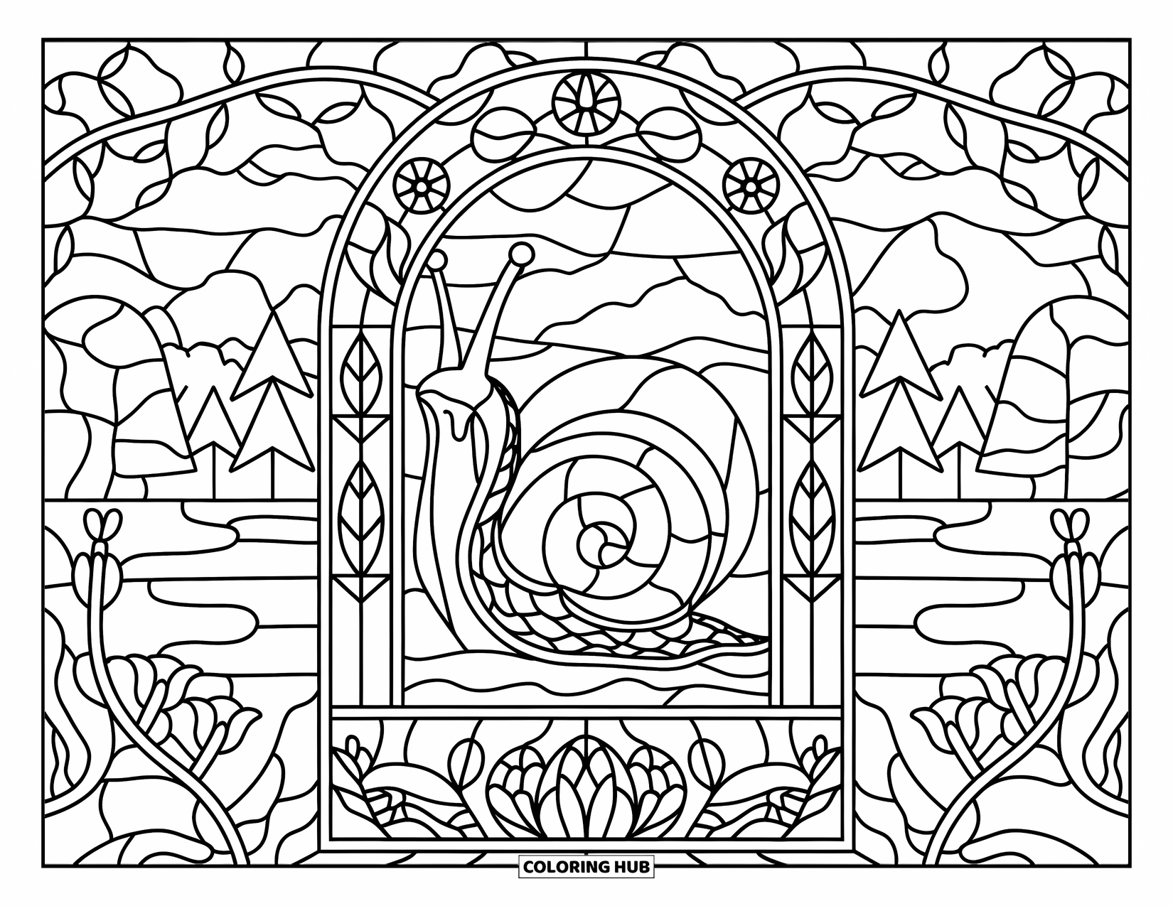 Snail Coloring Page for Adults: Snail in a stained glass layout surrounded by flowers, trees, and mountain scenery