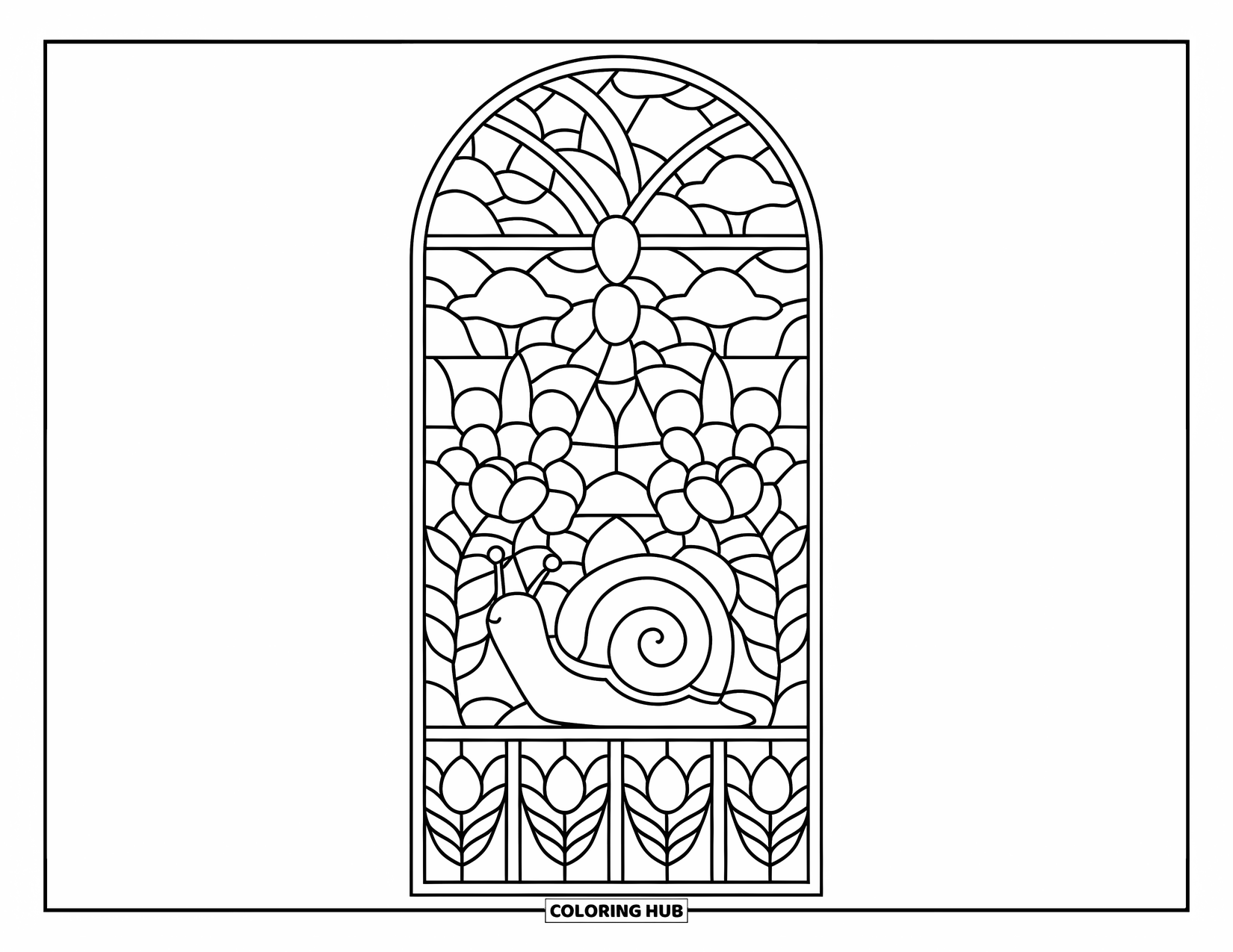 Snail Coloring Page for Adults: Snail nestled in a floral stained glass window with trees and clouds beyond