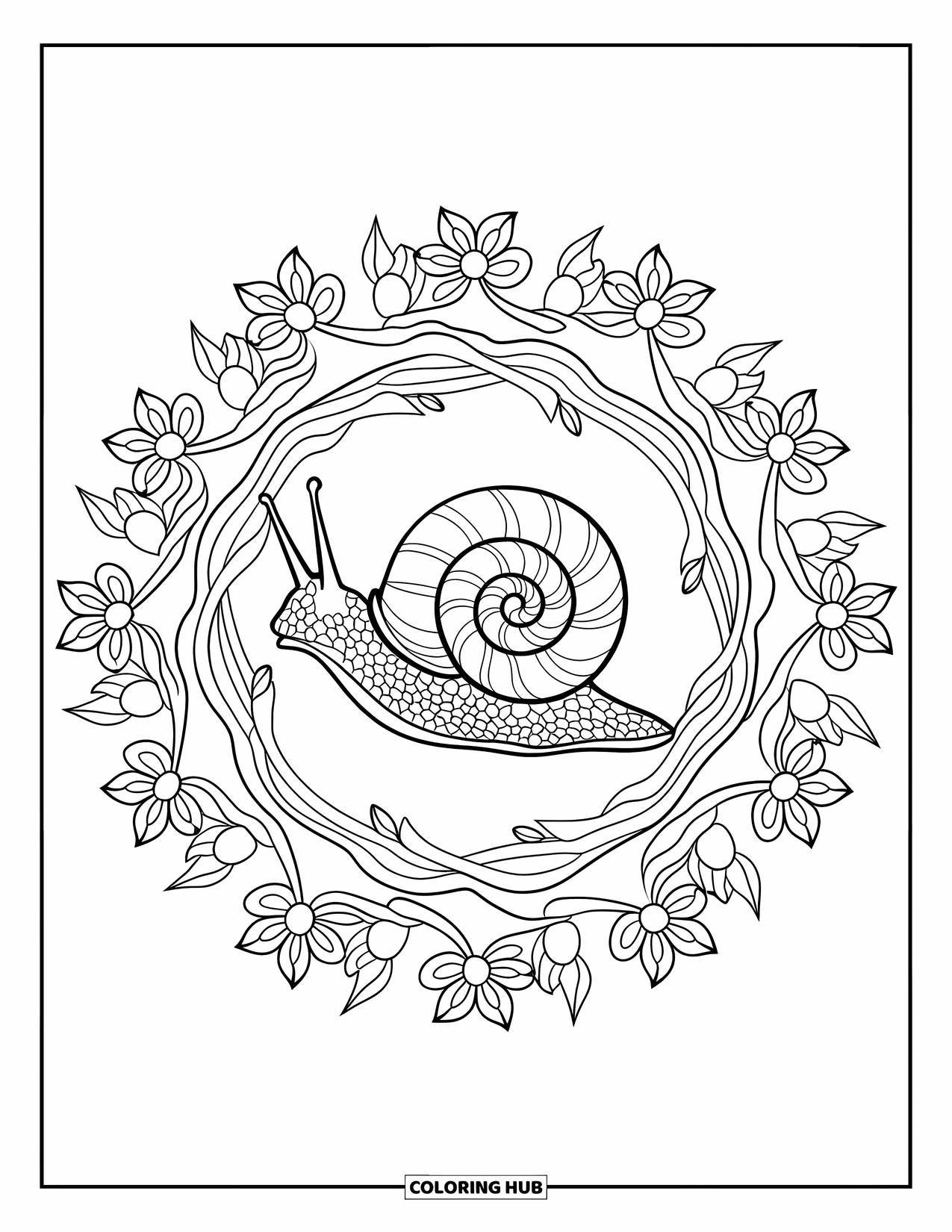 Snail Coloring Page for Adults: Snail rests at the center of an intricate floral and vine mandala