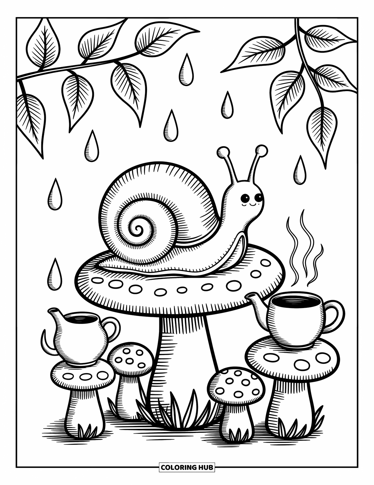 Snail Coloring Page for Adults: Snail sips tea at a mushroom table while rain gently drips from curled leaves