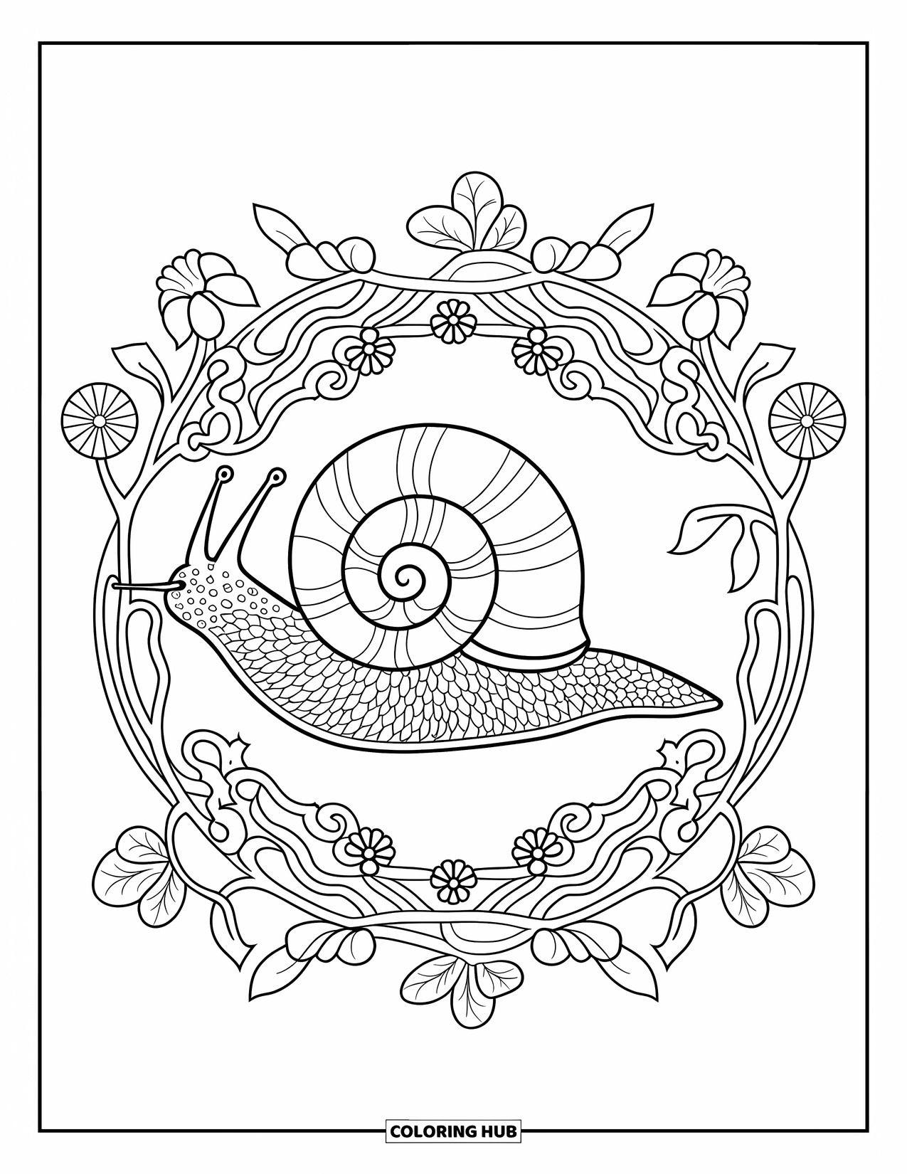 Snail Coloring Page for Adults: Snail sits in the middle of a floral mandala filled with vines
