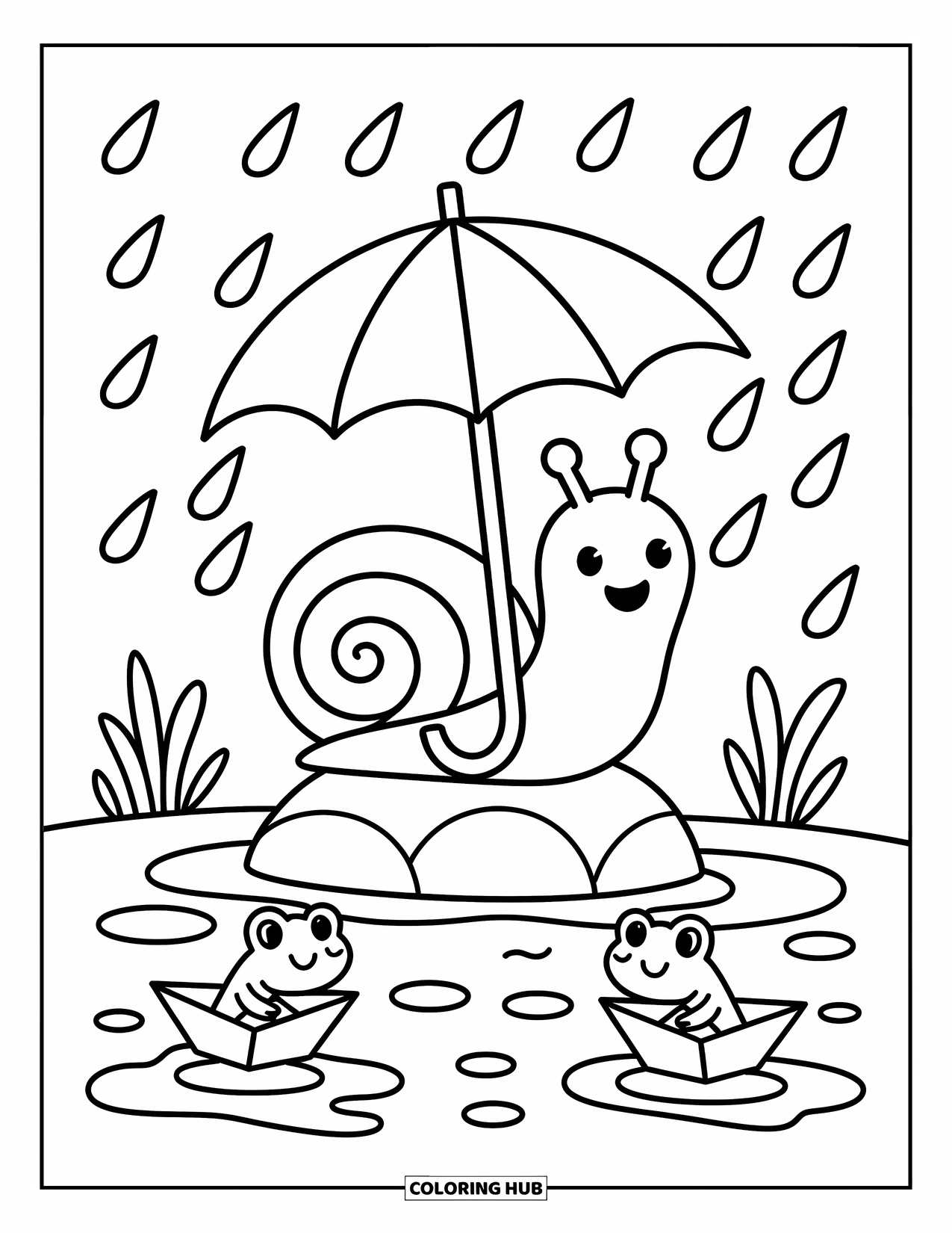 Snail Coloring Page for Adults: Snail sits on a rock with a leaf umbrella and frogs dancing in puddles