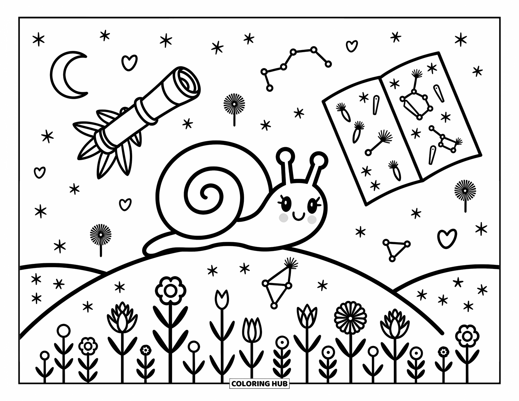 Snail Coloring Page for Adults: Snail stargazes from a flower hill under a sky filled with stars and floating dandelions