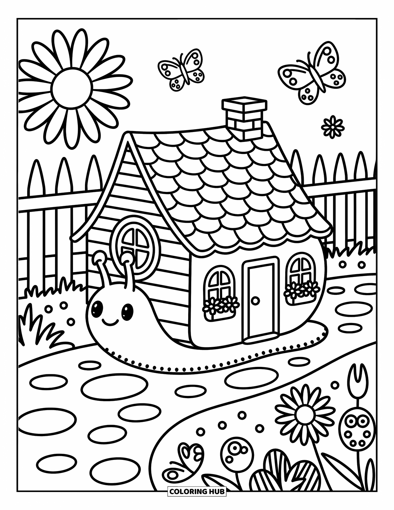 Snail Coloring Page for Adults: Snail with a cottage shell crawls past daisies and a fence while butterflies flutter