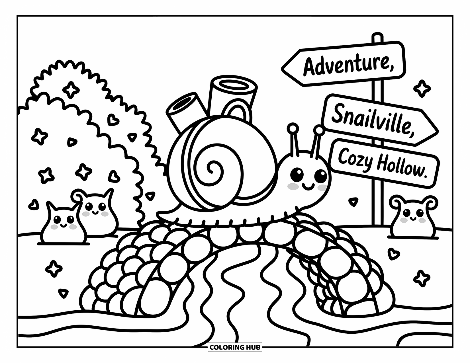 Snail Coloring Page for Adults: Snail with a travel pack crosses a pebble bridge as critters wave nearby