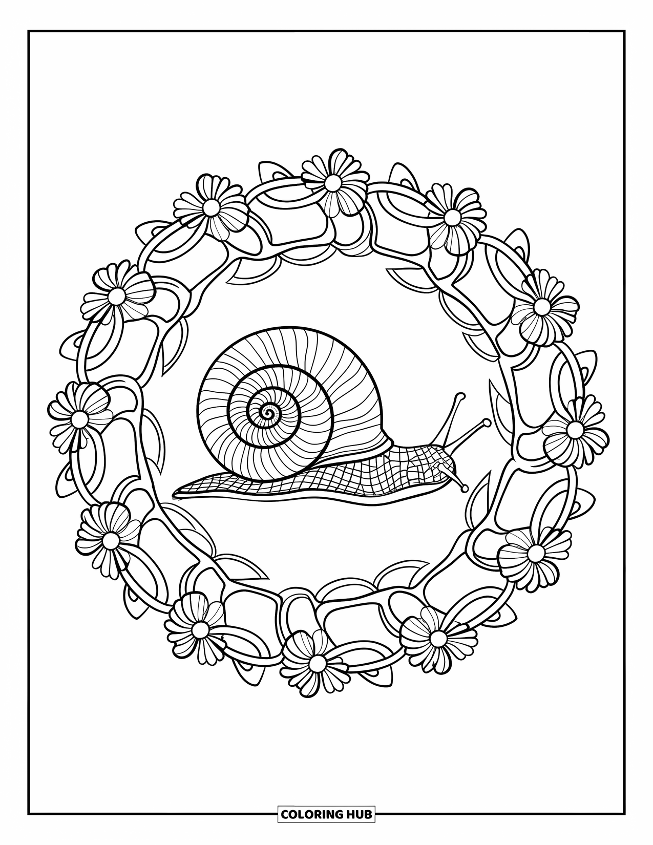 Snail Coloring Page for Adults: Snail with detailed shell sits in a circle of vines and flowers