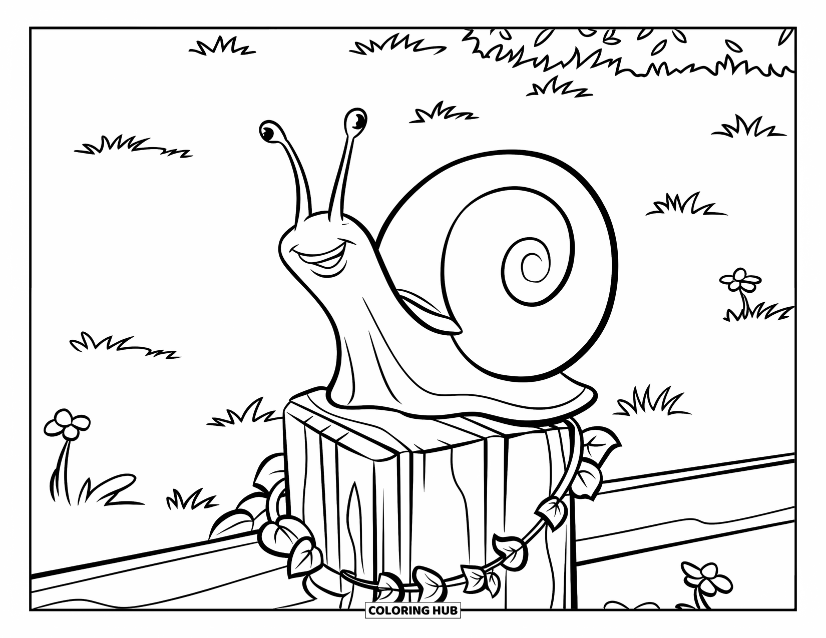 Snail Coloring Page for Kids: Curious snail hides behind a wooden post wrapped in ivy and flowers