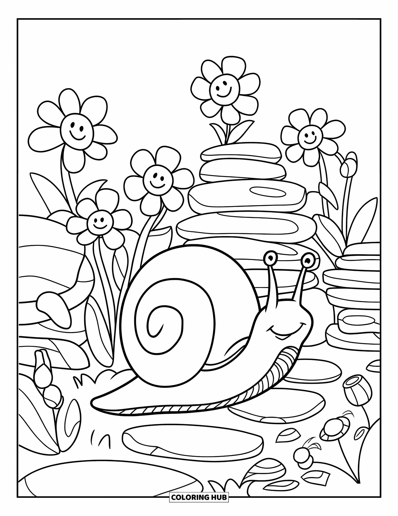 Snail Coloring Page for Kids: Happy snail travels a stone path through blooming flowers