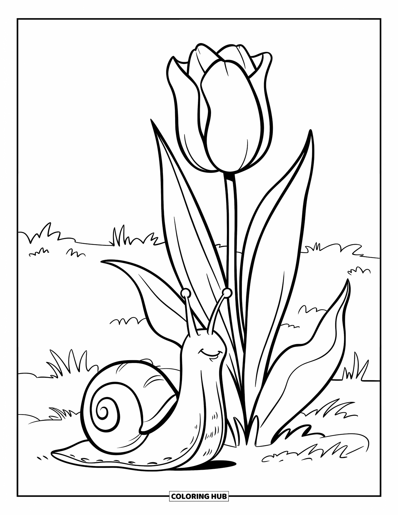 Snail Coloring Page for Kids: Snail climbs the tulip stem with leaves resting on the ground