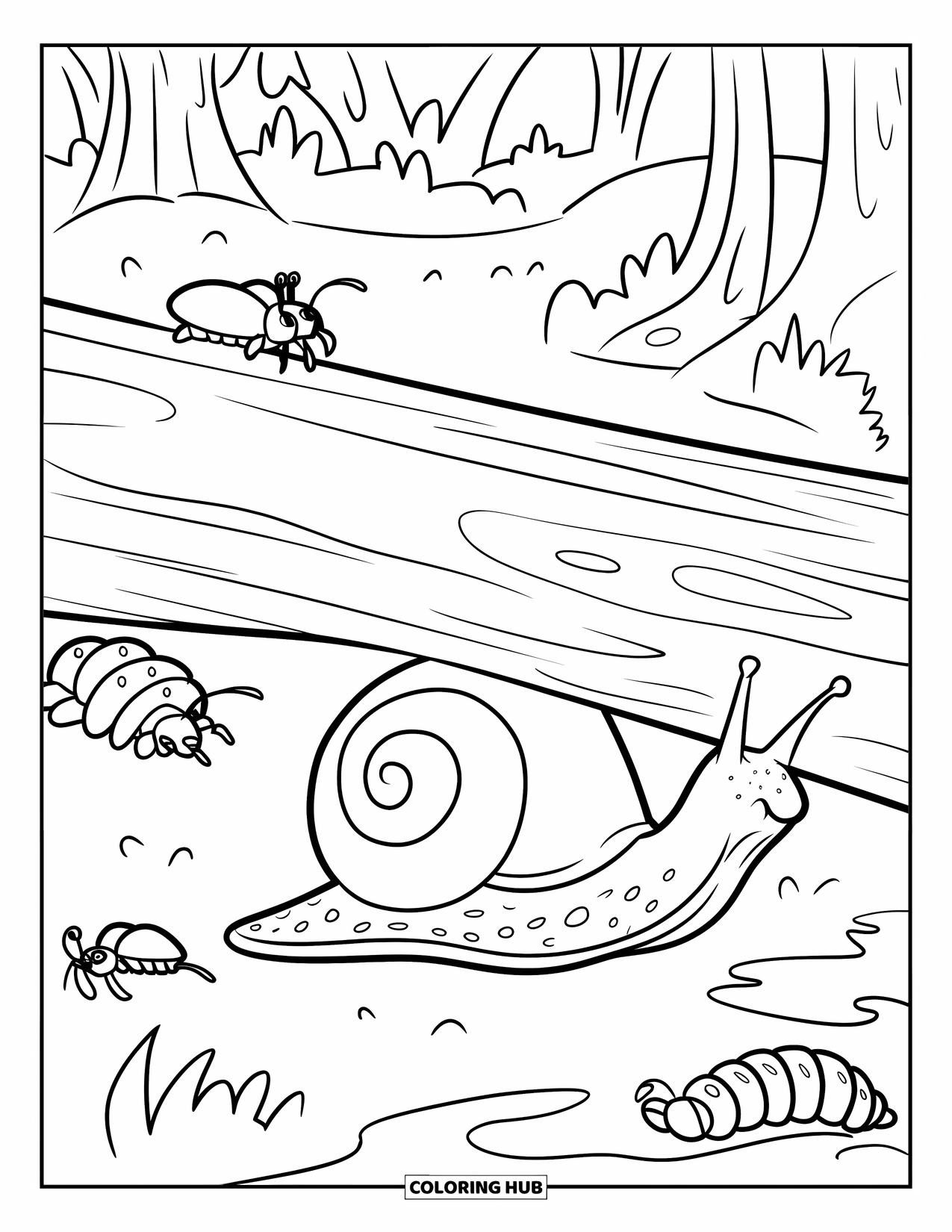 Snail Coloring Page for Kids: Snail explores under a log with beetles and caterpillars nearby