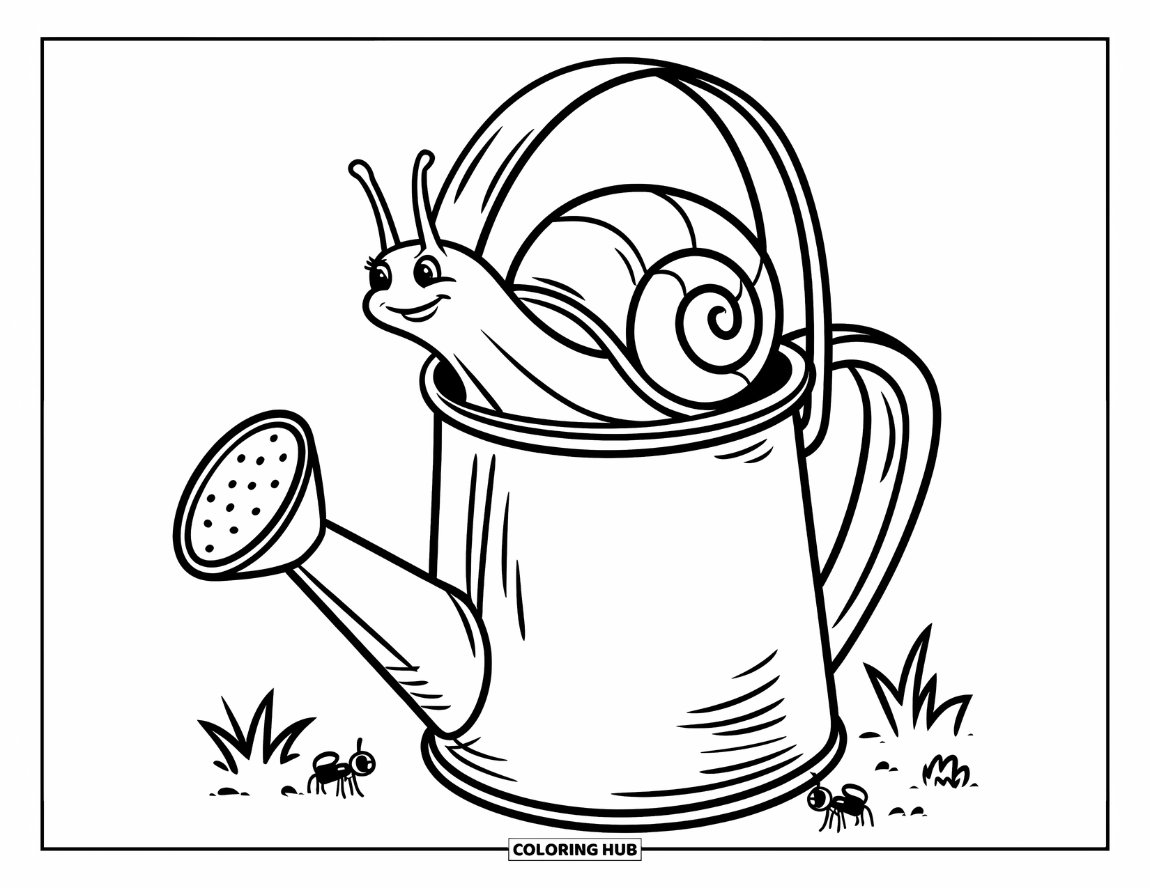 Snail Coloring Page for Kids: Snail hides behind a watering can while ants wander close
