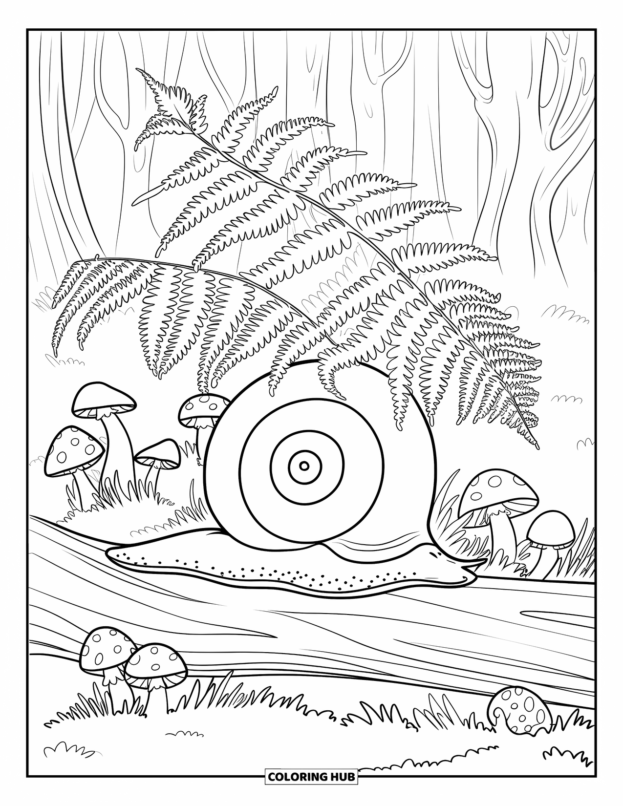 Snail Coloring Page for Kids: Snail lounges on a mossy log under ferns and tall mushrooms