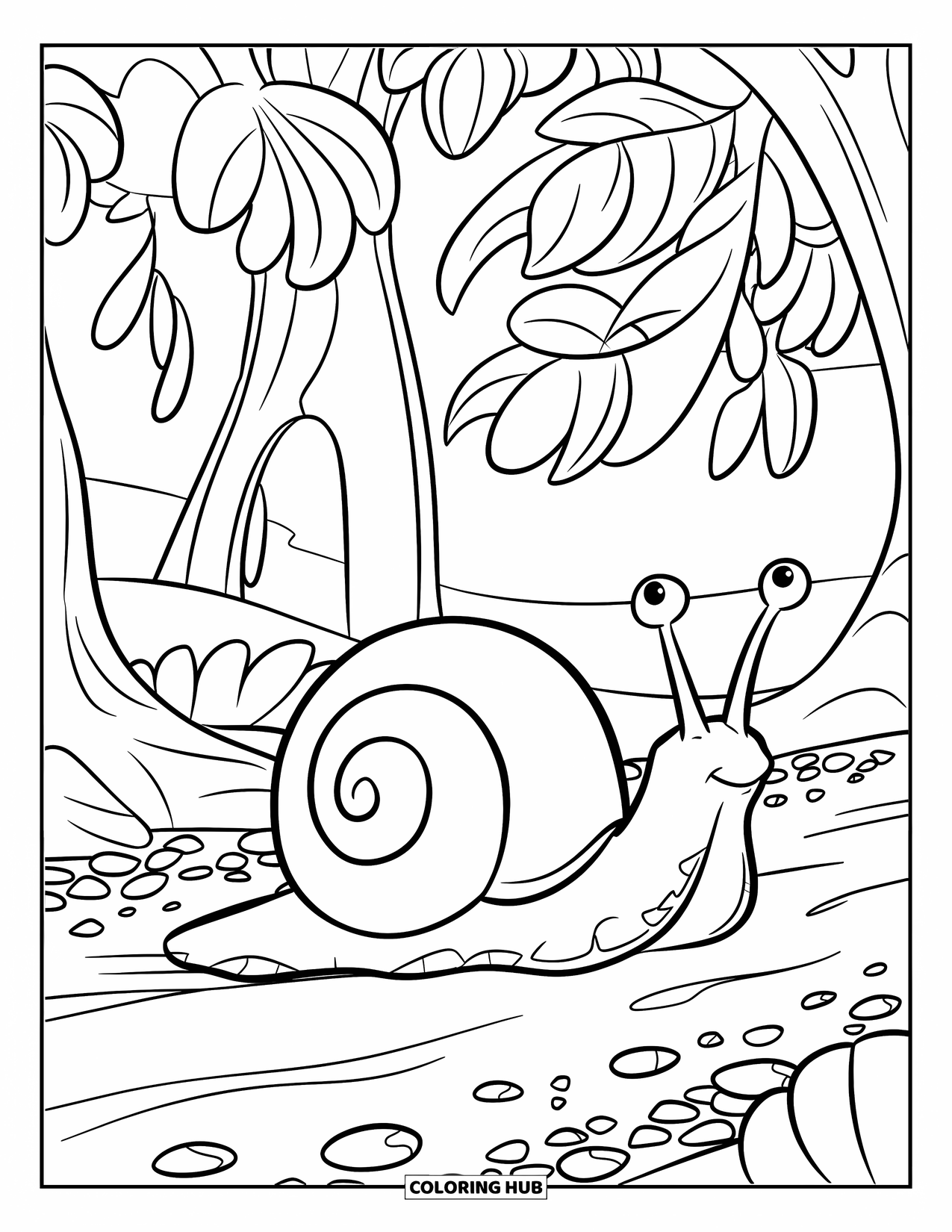 Snail Coloring Page for Kids: Snail moves along a path shaded by trees and scattered with pebbles