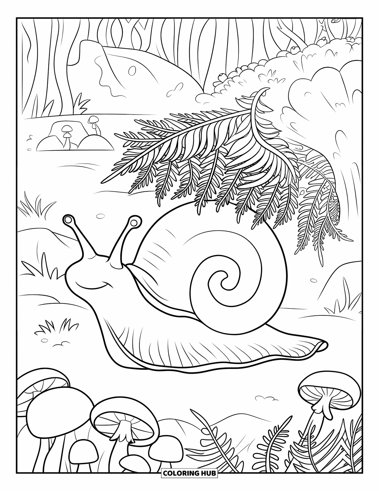 Snail Coloring Page for Kids: Snail relaxes beneath mushrooms and ferns in a shaded forest