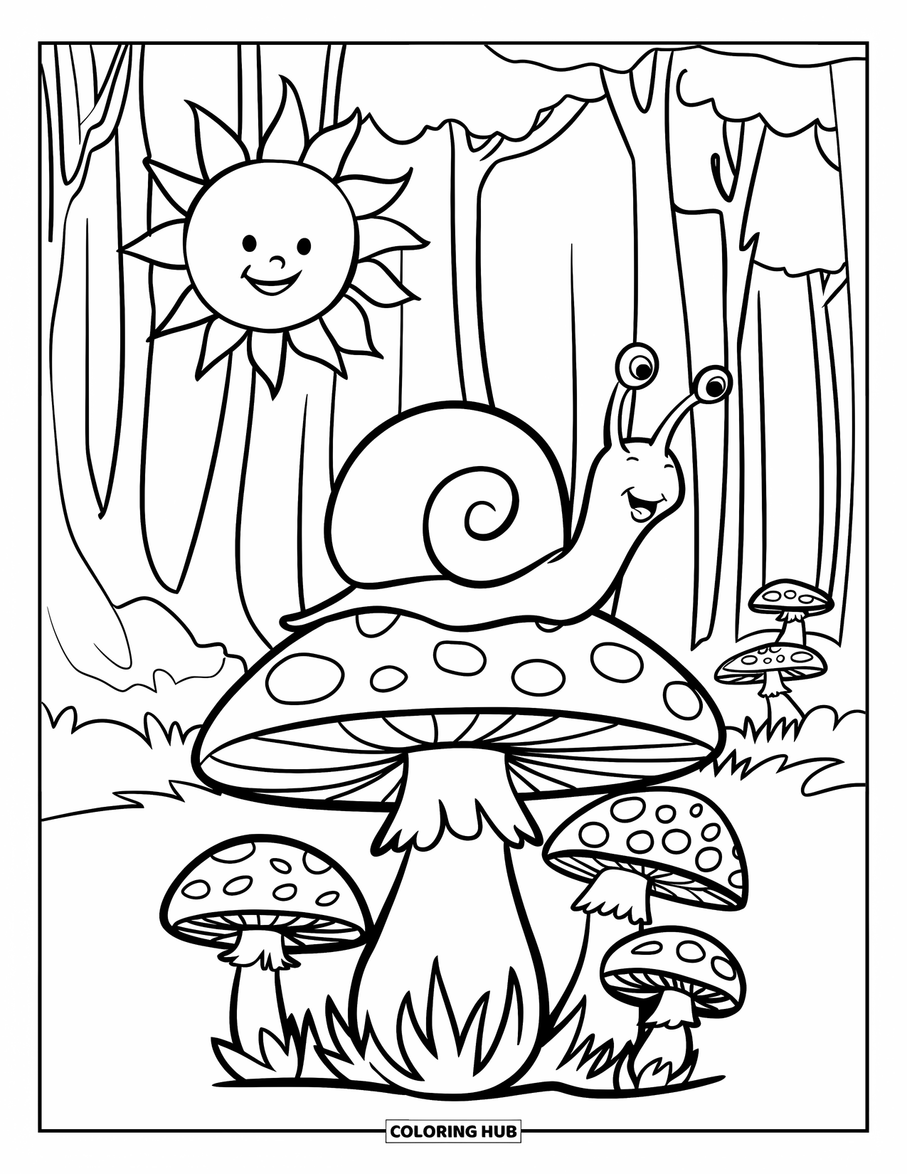 Snail Coloring Page for Kids: Snail relaxes on a mushroom while the sun smiles above