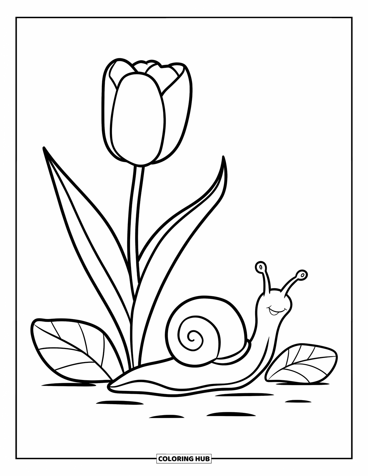 Snail Coloring Page for Kids: Snail rests beside a tall tulip and two leafy plants