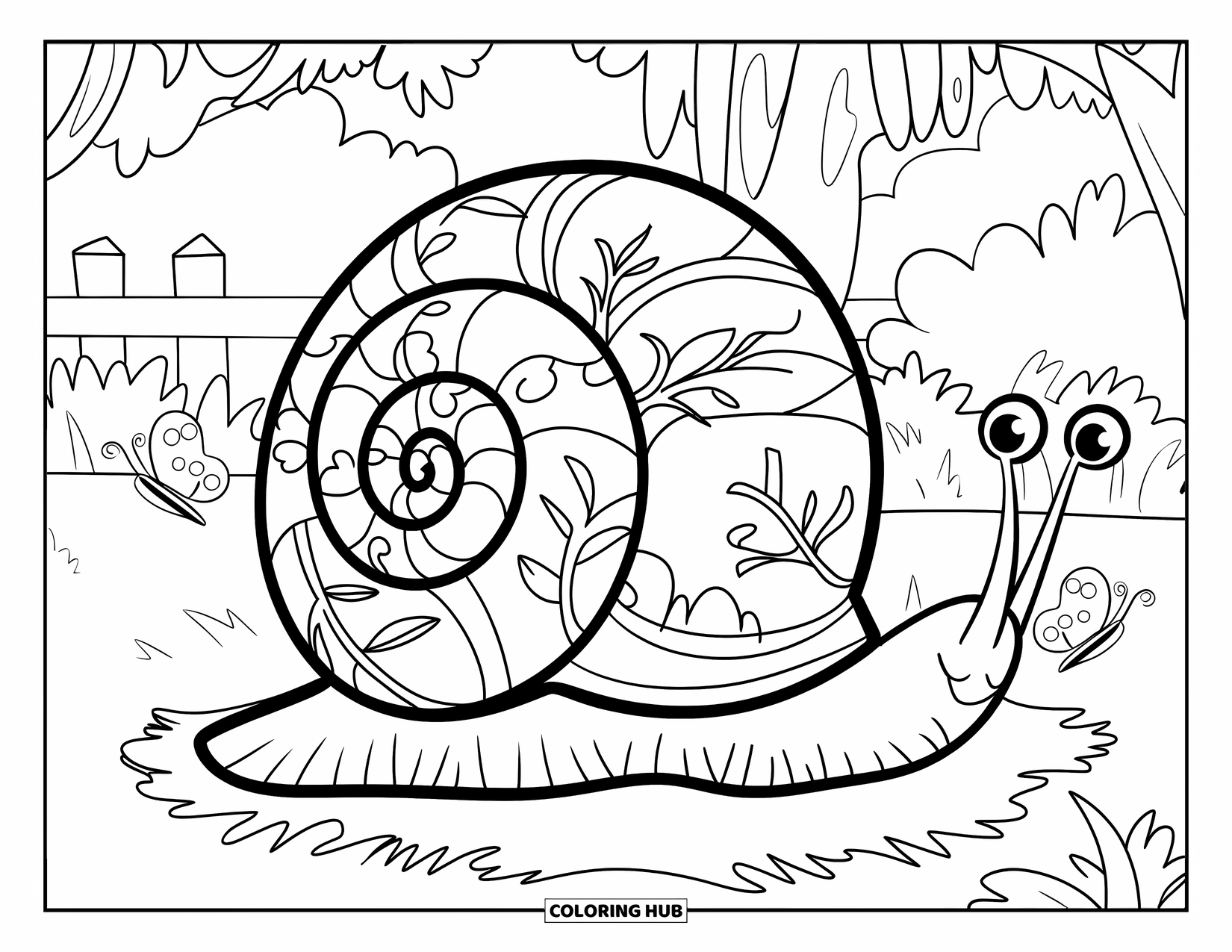 Snail Coloring Page for Kids: Snail shell sits on grass with butterflies and trees in the background