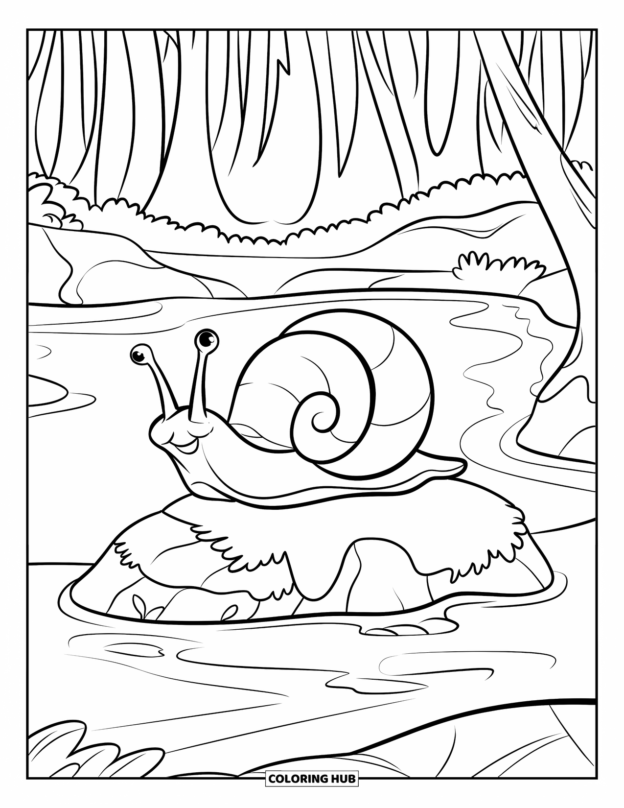 70 Snail Coloring Pages for Kids - Snail Coloring Page For Kids Snail Sits Peacefully On Moss Near A Stream And Forest Trees 