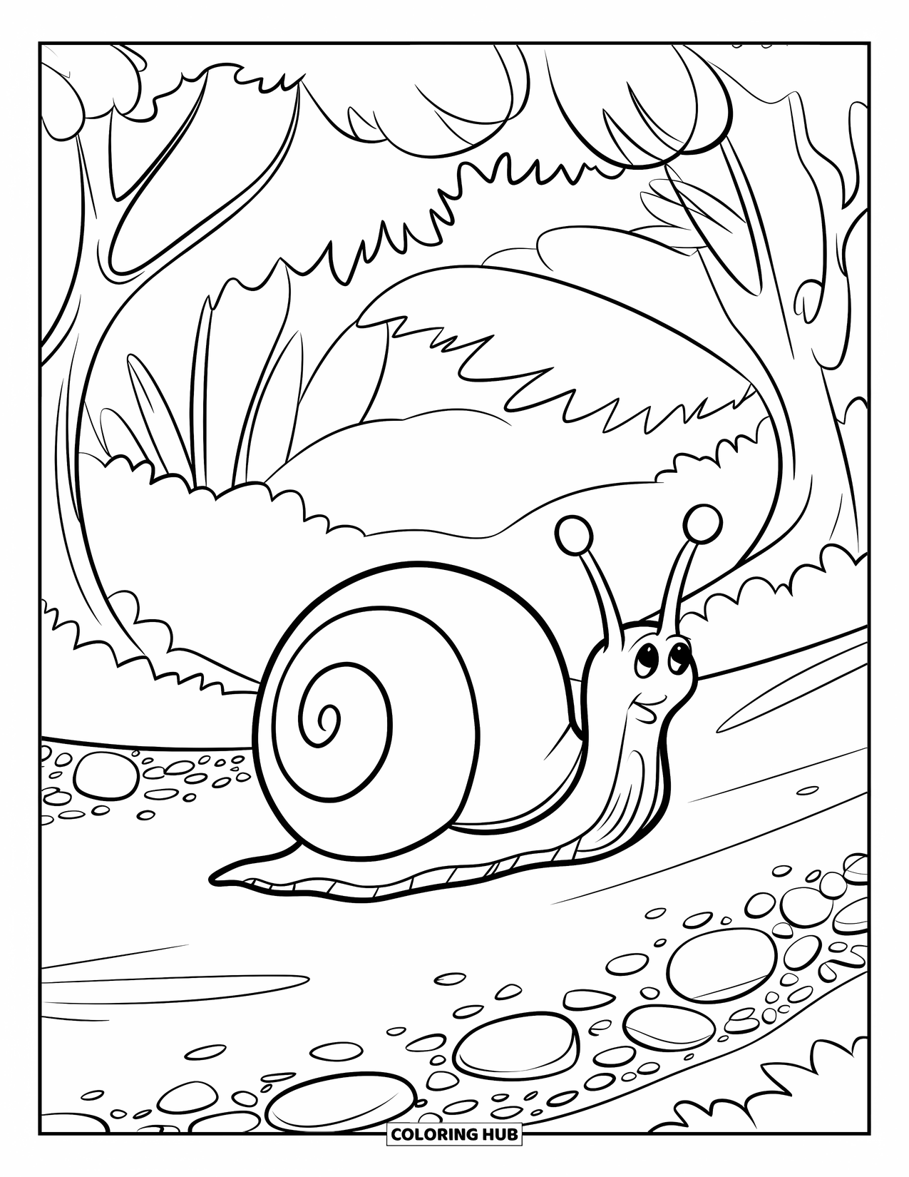 Snail Coloring Page for Kids: Snail slides under a leafy canopy along a pebble-lined trail