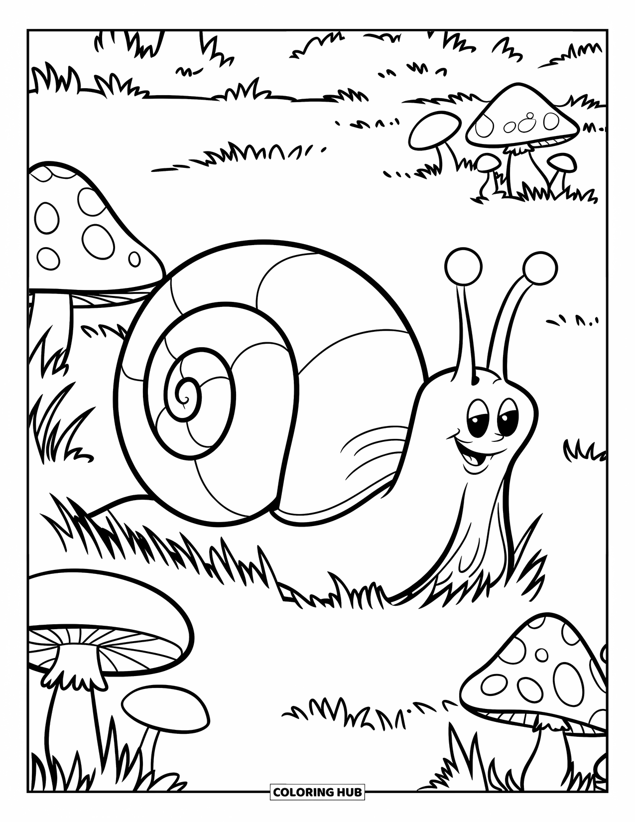Snail Coloring Page for Kids: Snail smiles while crawling through mushrooms in a grassy field