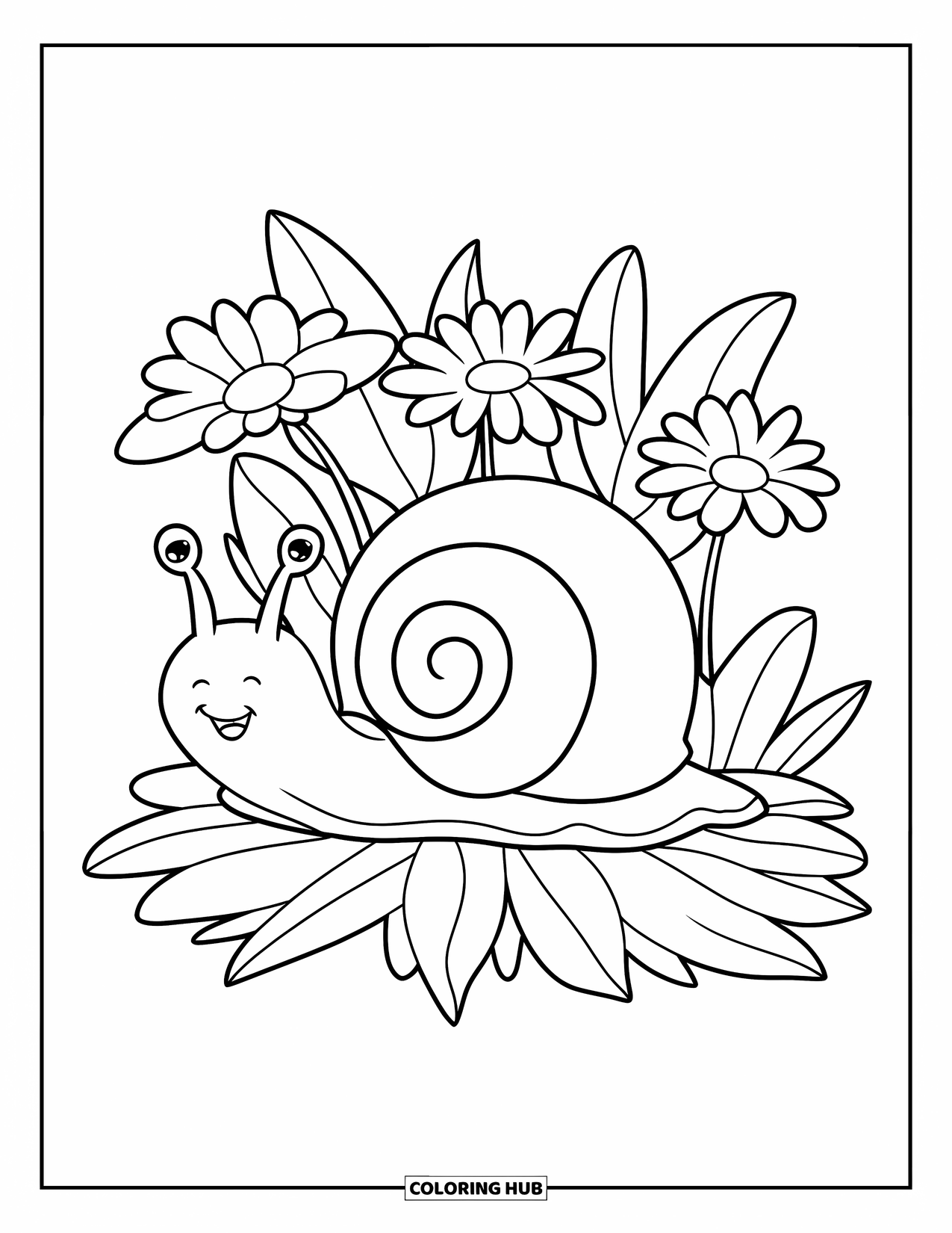Snail Coloring Page for Kids: Snail with spiral shell moves slowly beside three blooming daisies