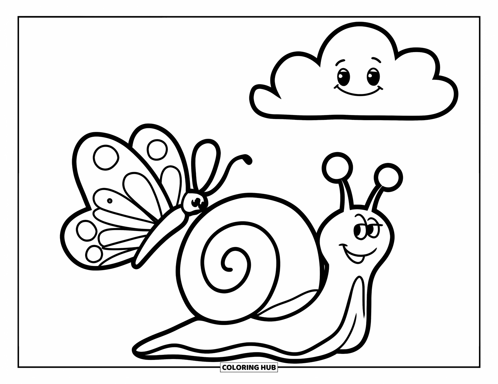 Snail Coloring Page for Kids: Snail with swirly shell sits below a happy cloud and fluttering butterfly