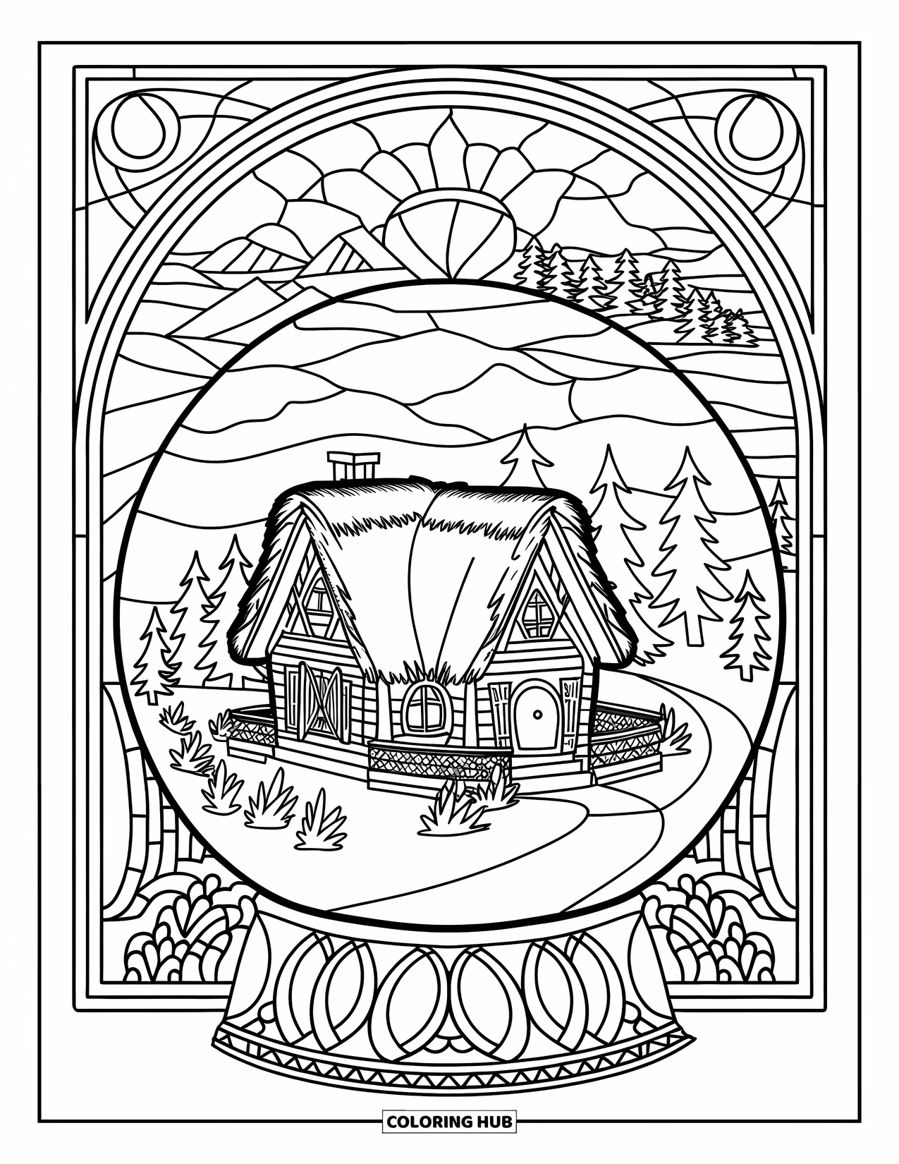 Snow Globe Coloring Page for Adults: Cabin in the woods glows inside a snow globe with stained glass behind