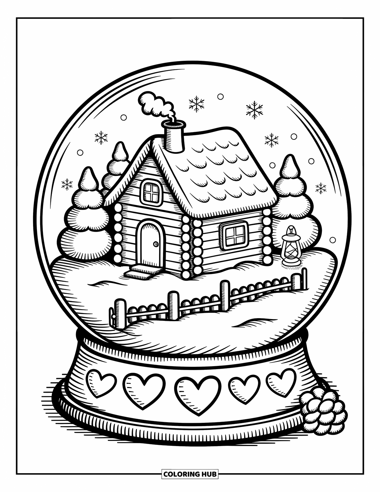 Snow Globe Coloring Page for Adults: Cabin with puffy chimney smoke and snowy trees rests behind a tiny fence
