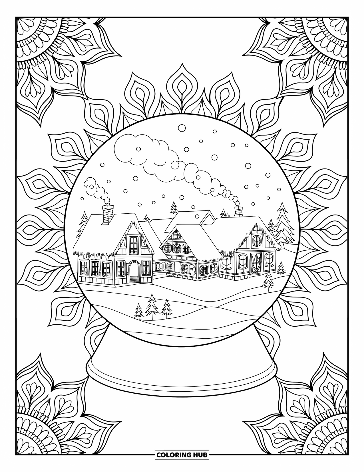 Snow Globe Coloring Page for Adults: Chimneys puff over village cottages inside a mandala-wrapped snow globe