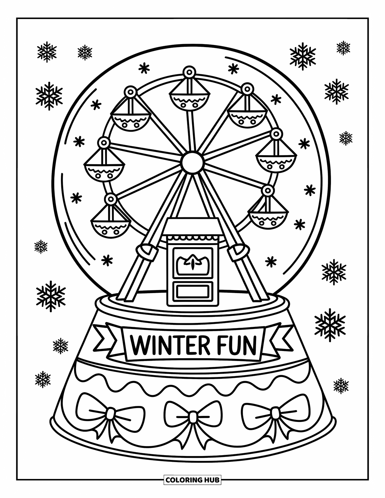 Snow Globe Coloring Page for Adults: Ferris wheel with teacup cars spins beside snowflakes and a ìWinter Funî banner