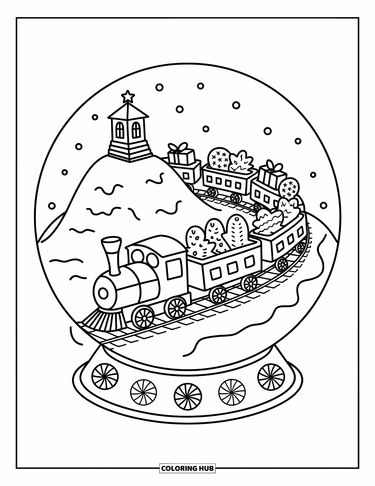 Snow Globe Coloring Page for Adults: Gift-filled train travels a snow hill while a tiny tower stars at the top