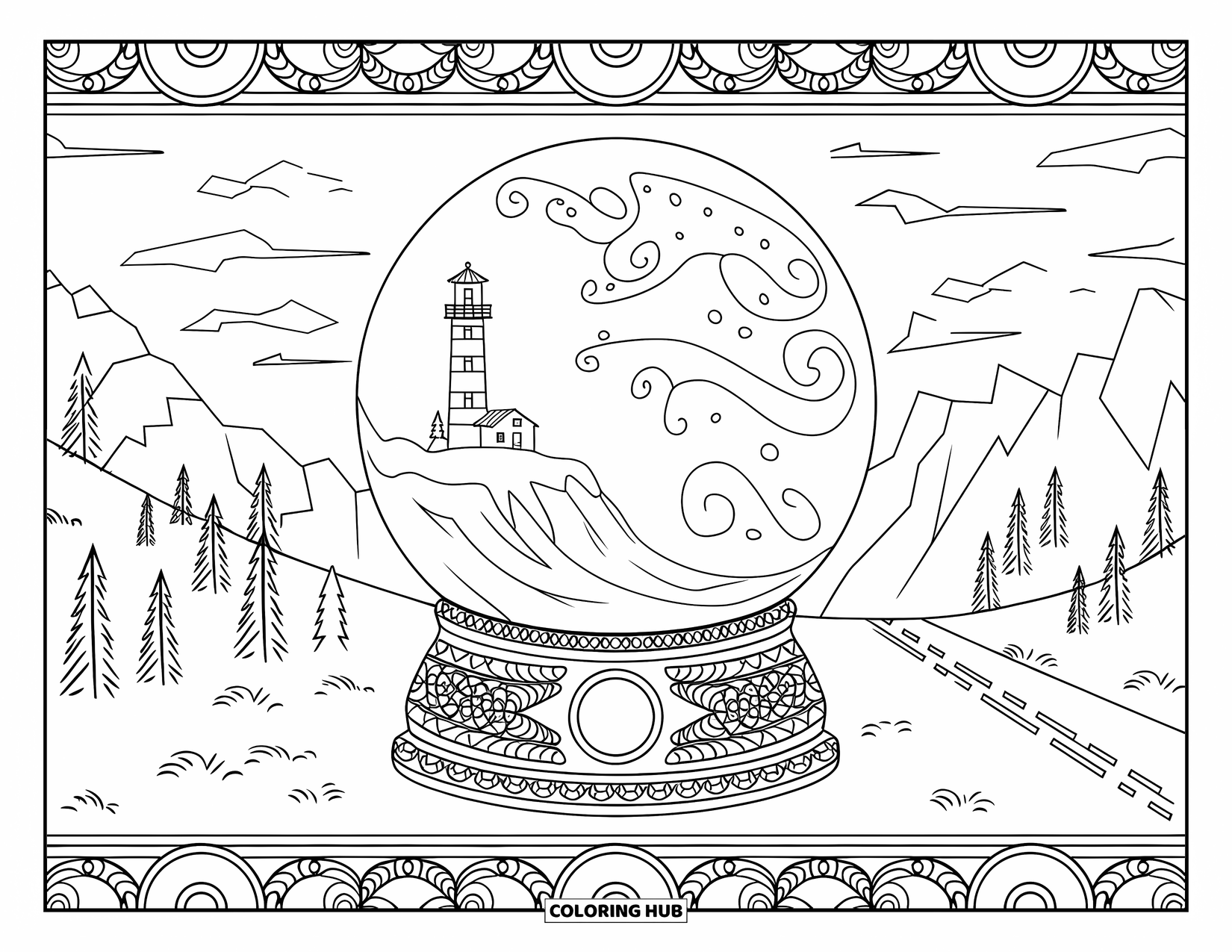 Snow Globe Coloring Page for Adults: Lighthouse stands on a snowy cliff inside a swirling snow globe