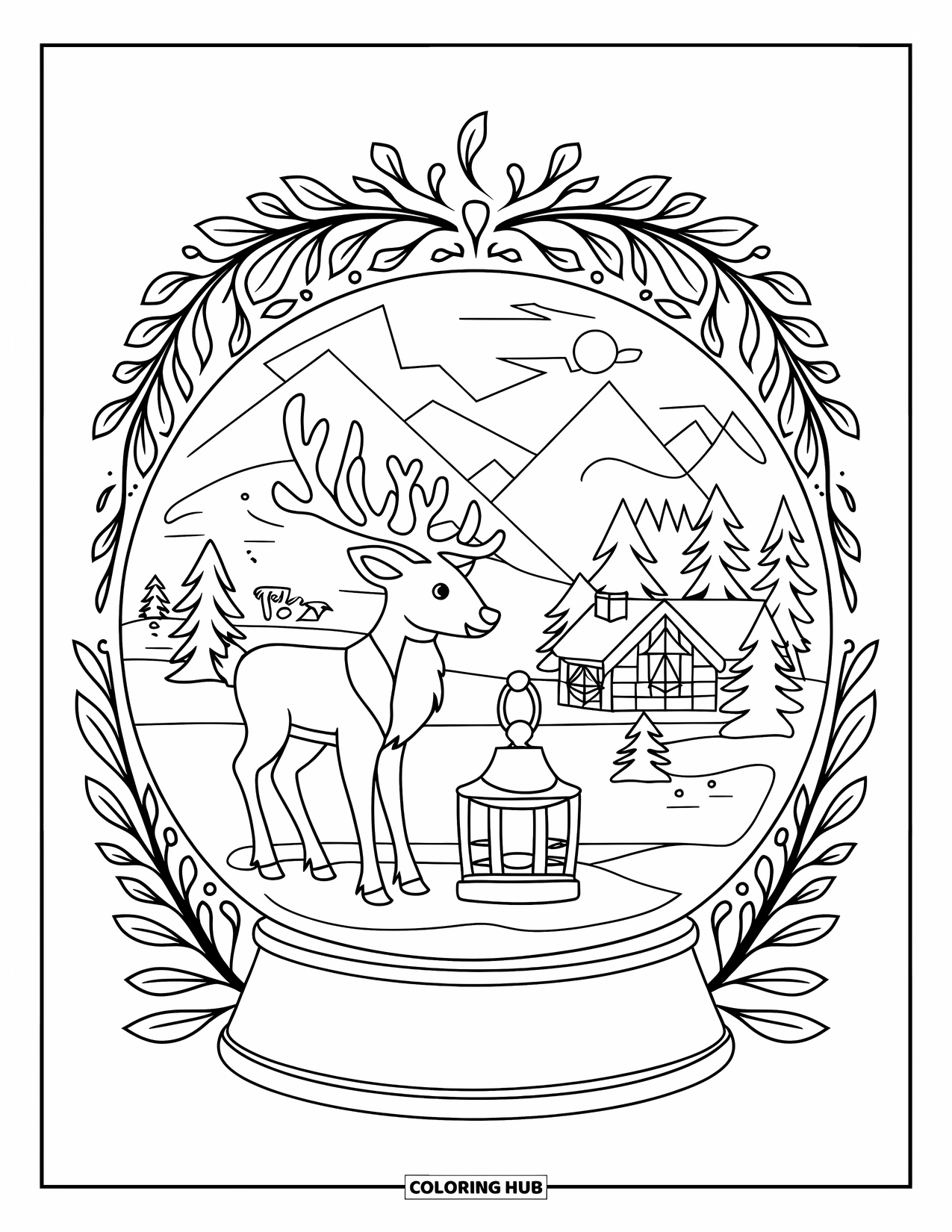 Snow Globe Coloring Page for Adults: Reindeer and lantern sit in a snowy globe with mountain views
